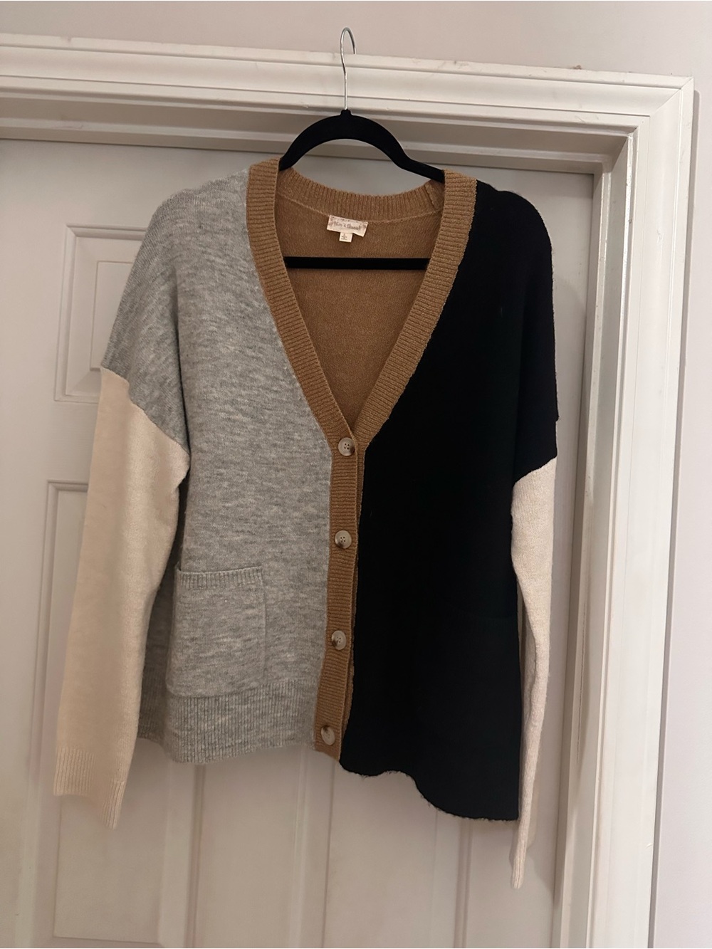Hem & Thread Colorblock V-Neck Button Cardigan - Gray, Black & Camel